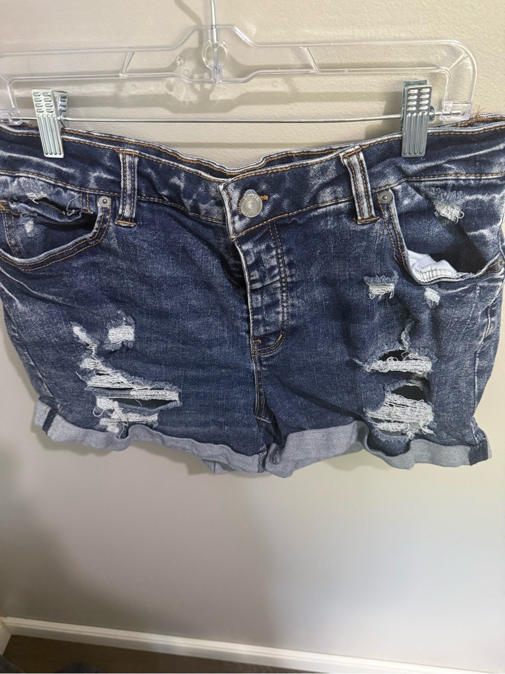 Rue21 Distressed Dark Blue Denim Roll-Hem Shorts size 14 Mid-Rise